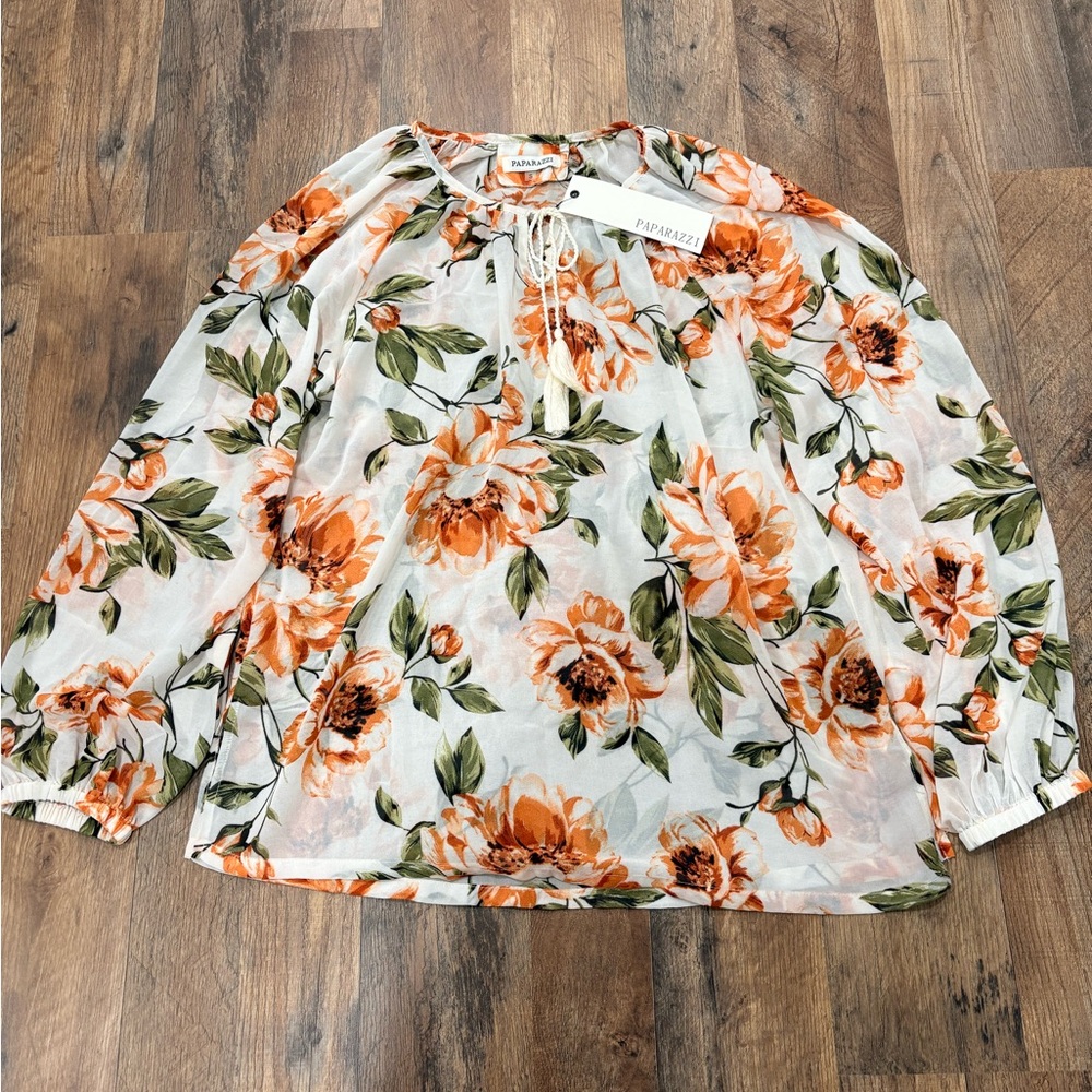 Paparazzi Ivory, Orange, and Green Floral Blouse